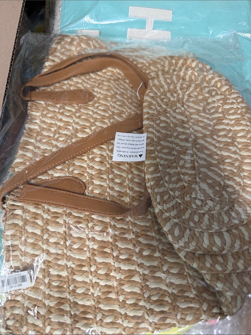 Woven Straw Tote Bag with Tan Handles - Picture 5 of 8